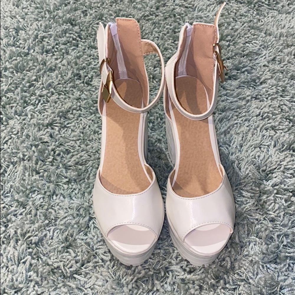 white chunky platform heels